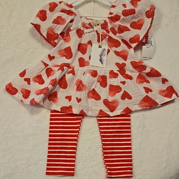 Jessica Simpson Red White Matching Set with Hearts Striped Leggings 24 Months - Picture 1 of 6
